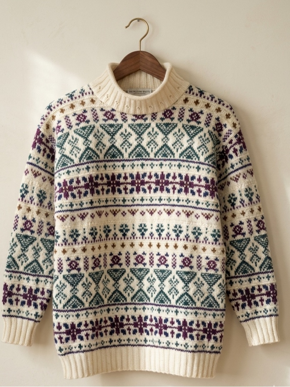 ⁠VTG Alps Fair Isle Wool Blend Turtleneck Sweater M Geometric Knit Ski Made USA⁠